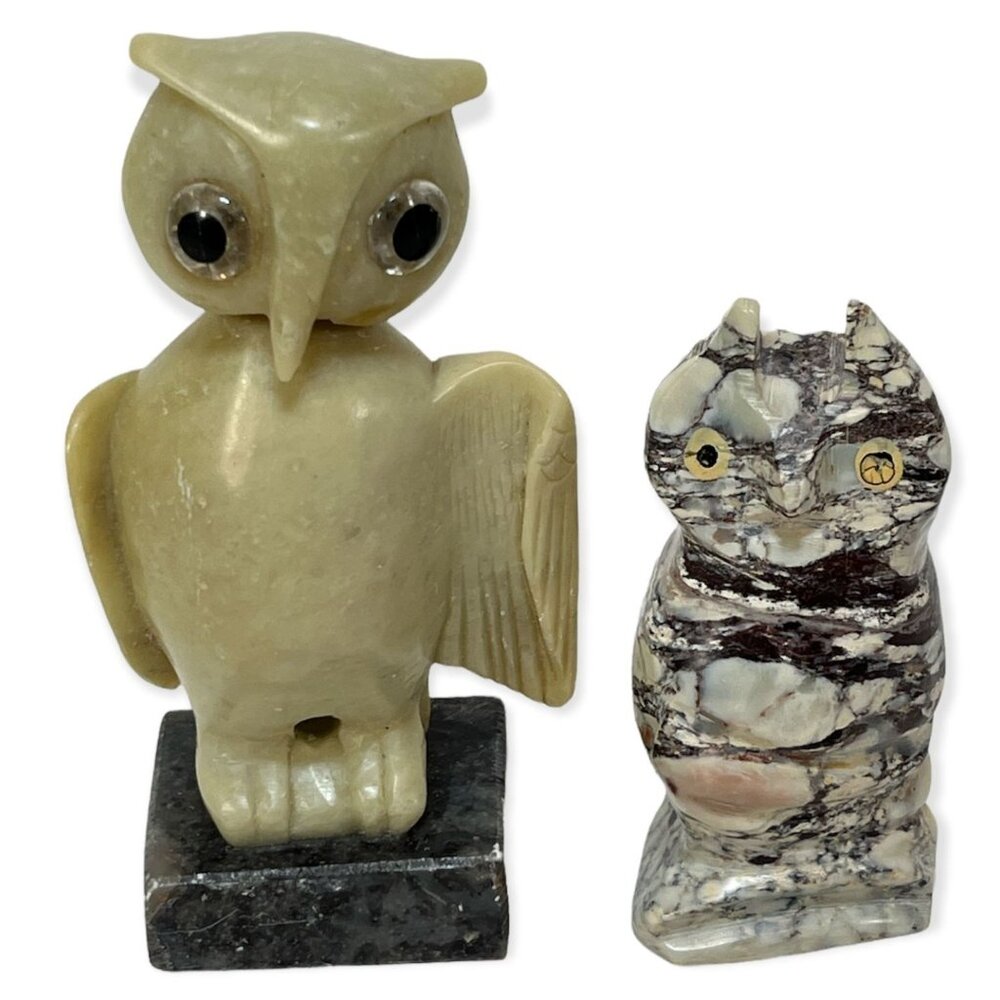 Vintage Hand-Carved Owl Figurines Set Of 2 Beige & Marble Home Decor Collectible